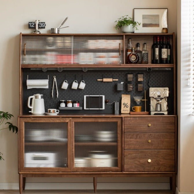 Black Walnut Sideboard with Integrated High Cabinet & Glass Doors - Stylish Storage for Dining Room, Living Room, or Entryway