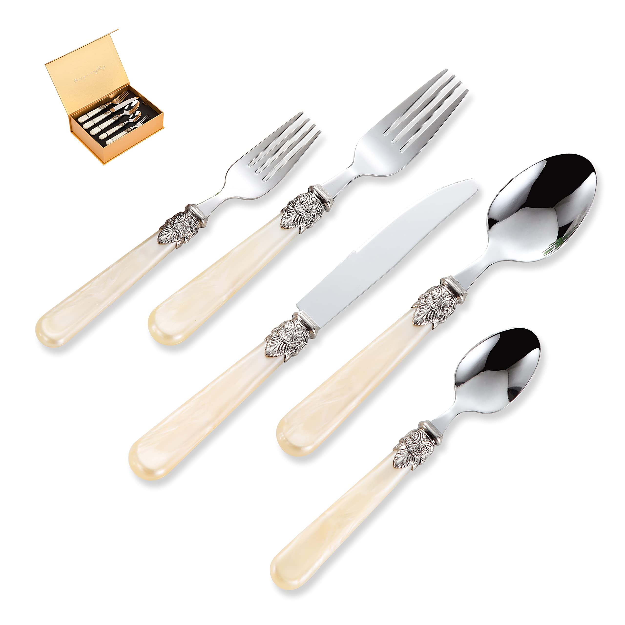 REVERIE 18/10 Stainless Steel Vintage Flatware Set - 30-Piece Silverware Set with Champagne Finish | Dishwasher Safe | Elegant Dining for Weddings, Parties & Formal Occasions