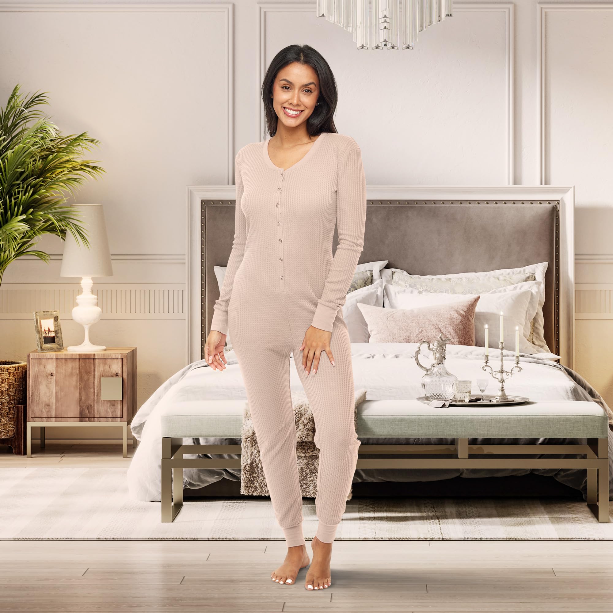 Alexander Del Rossa Women's Soft Ribbed Waffle Knit Button-Up Pajama Onesie - Cozy Jumpsuit & Romper for Adults | Perfect for Lounging, Sleepwear & Winter Comfort