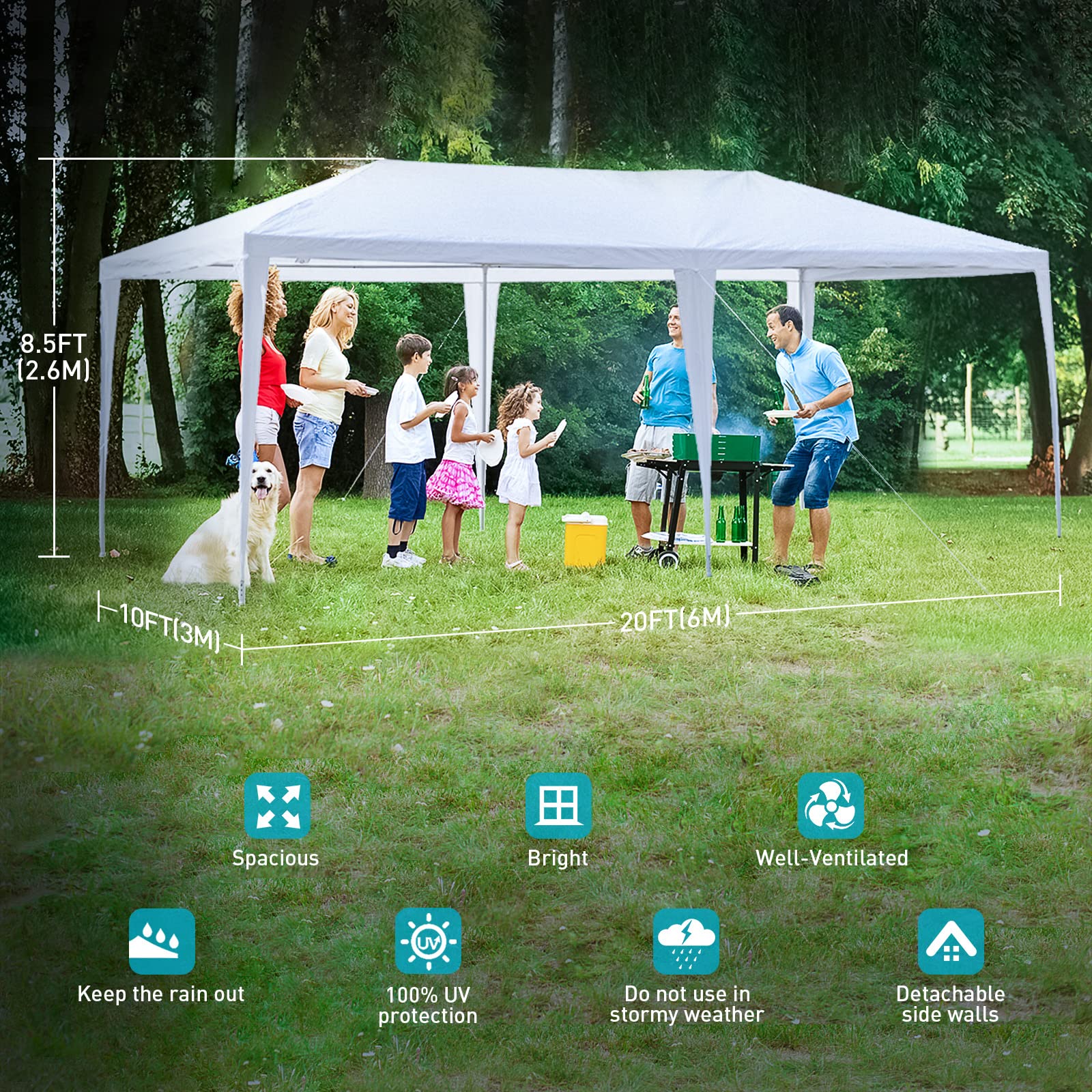 BNSPLY 10x20 FT White Outdoor Party Tent - Large Wedding & Birthday Canopy with 6 Removable Sidewalls & Transparent Windows - Perfect for Garden Events, Backyard Parties, Patio Gatherings and Outdoor Celebrations