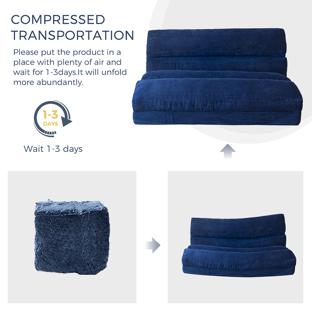 MAXYOYO Folding Sofa Bed - Extra Wide Corduroy Floor Mattress in Navy Blue | Convertible Sleeper for Small Spaces, Guest Room & Dorm | Comfortable Lounge Sofa for Living Room, Bedroom & Apartment