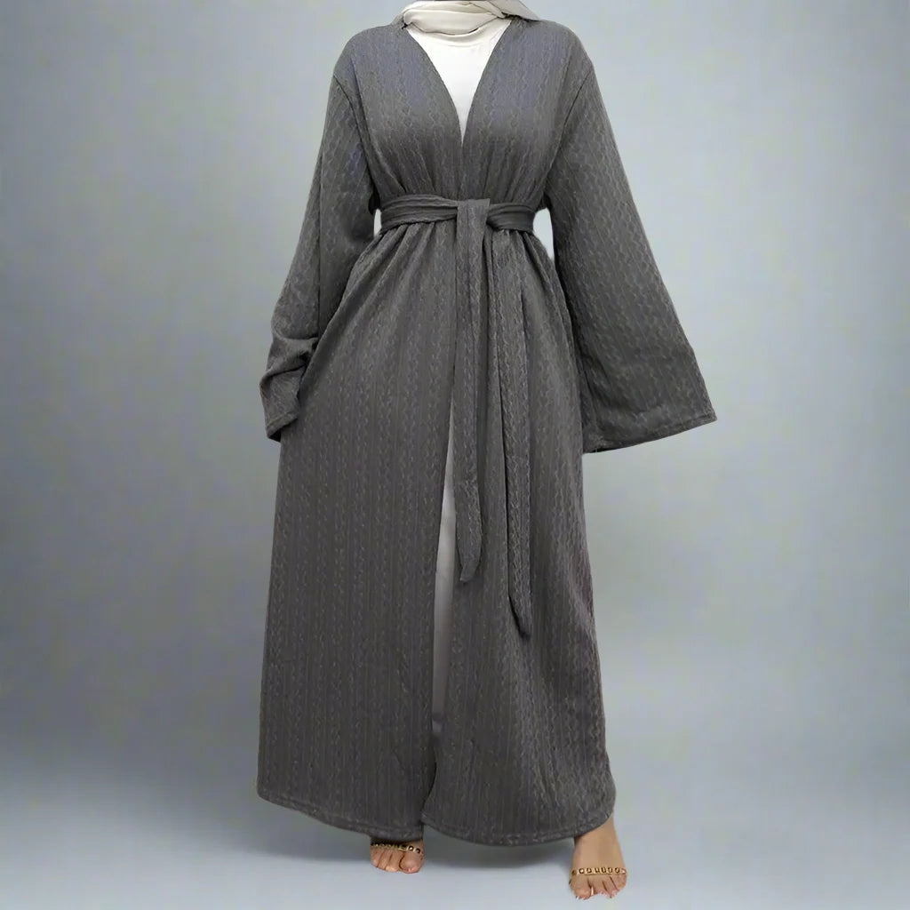 Muslim Women's Winter Wool Open Abaya Dress with Pockets - Elegant Long Dress for Prayer, Mosque & Special Occasions