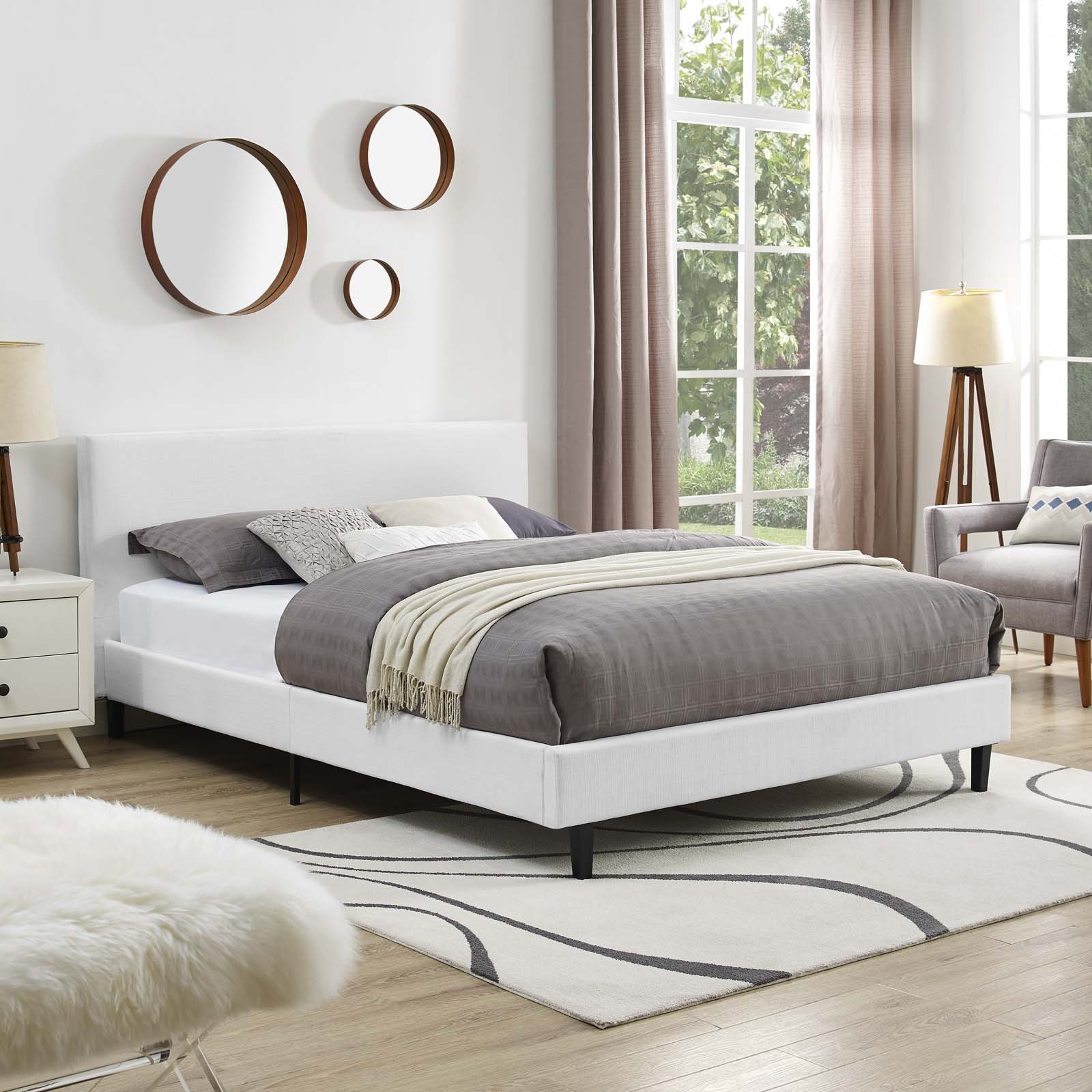 Modern Contemporary Urban Design Full Size Platform Bed Frame with Fabric Upholstery in White - Perfect for Small Bedrooms, Apartments & Modern Home Decor