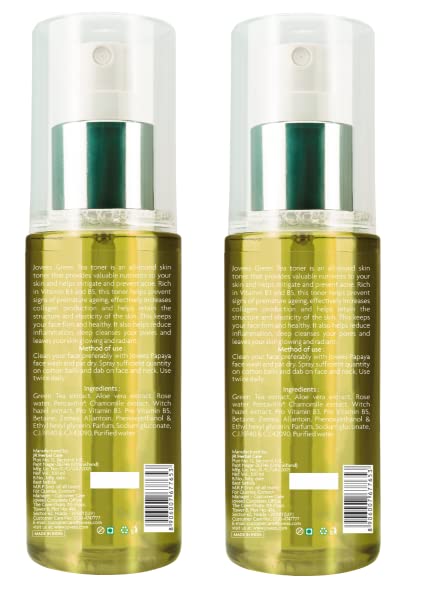 Jovees Herbal Green Tea Skin Toner - Deep Cleansing & Hydrating Facial Toner for Oily & Acne-Prone Skin | Pore Minimizer | Alcohol-Free Formula | 100ml (Pack of 2) | Perfect for Daily Skincare Routine & Post-Workout Refresh