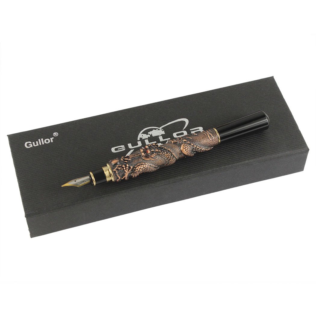 Gullor Chinese Dragon Copper Basso-Relievo Fountain Pen Set - Premium Engraved Calligraphy Pen with Gift Box & 5 Color Ink Cartridges - Perfect for Writing Enthusiasts, Collectors, and Special Occasion Gifts