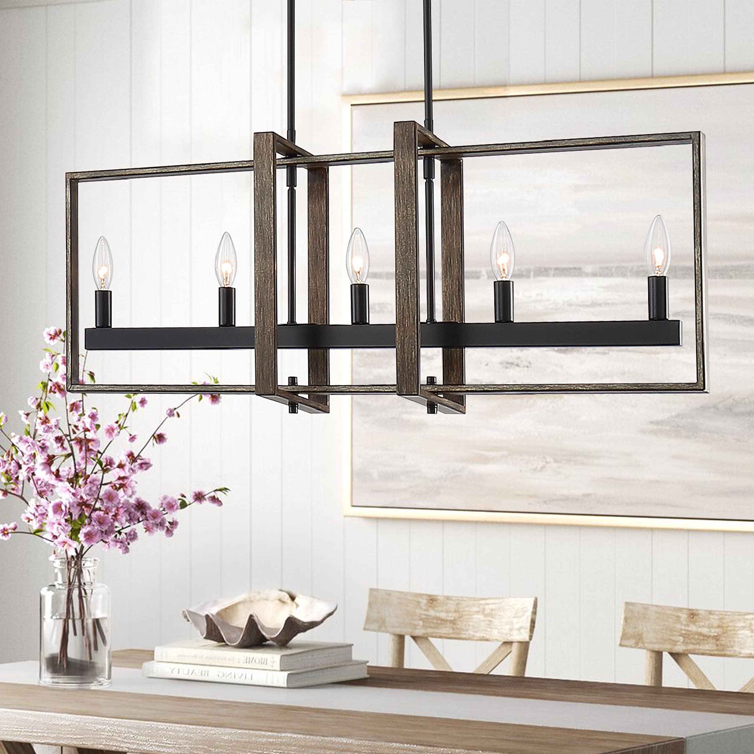 Vanity Art Modern Farmhouse 5-Light Linear LED Pendant Chandelier - Black Kitchen Island Lighting Fixture for Dining Room, Bar & Breakfast Nook (Model 10526DW-BK)