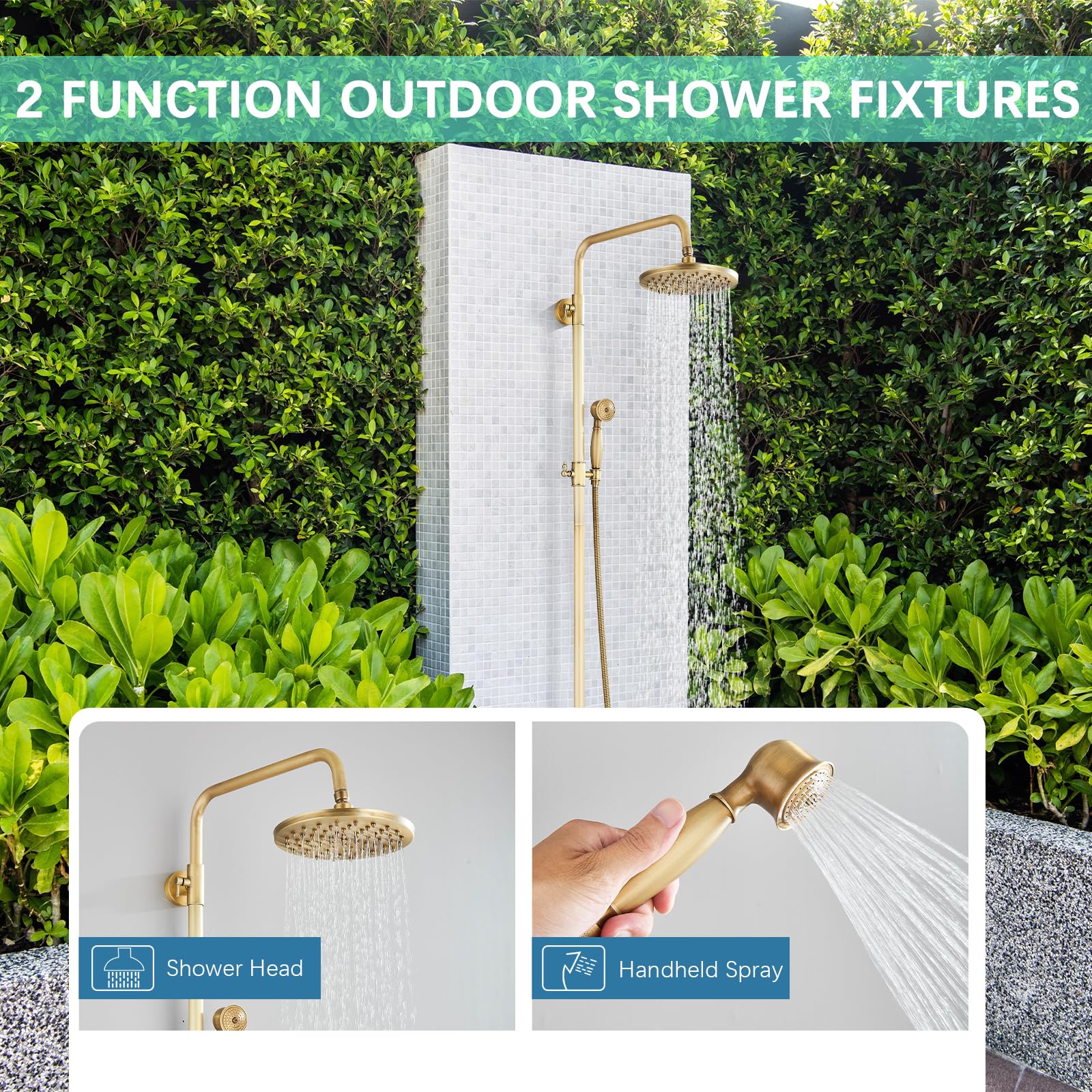 Antique Brass Shower System - 8 Inch Rainfall Shower Head & Handheld Spray - Wall Mounted Bathroom Faucet Set with 2 Cross Handles - Solid Brass Construction - Perfect for Outdoor Showers, Master Bathrooms & Spa-Like Experiences