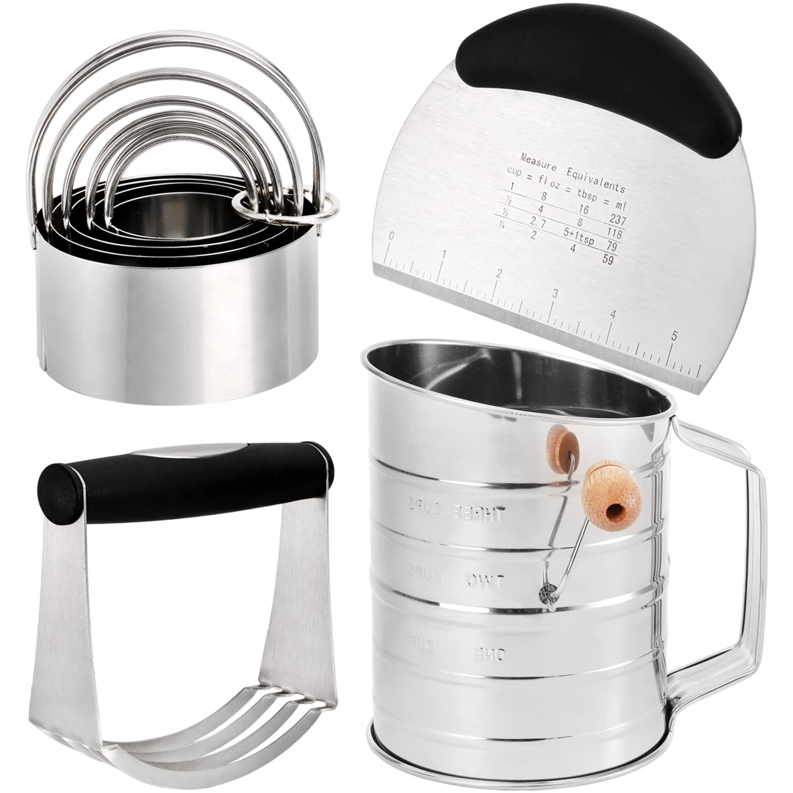 Tosnail 8-Piece Stainless Steel Baking Tools Set - Pastry Cutter, Dough Blender, 3-Cup Flour Sifter & Biscuit Cutter - Professional Cookie & Donut Making Kit for Home Bakers | Perfect for Holiday Baking, Pastry Prep & Kitchen Essentials