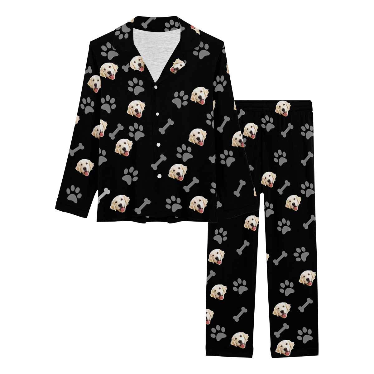Custom Personalized Photo Women's Long Pajama Set with Black Paw Print - Cozy Sleepwear for Nighttime Relaxation & Gift Giving