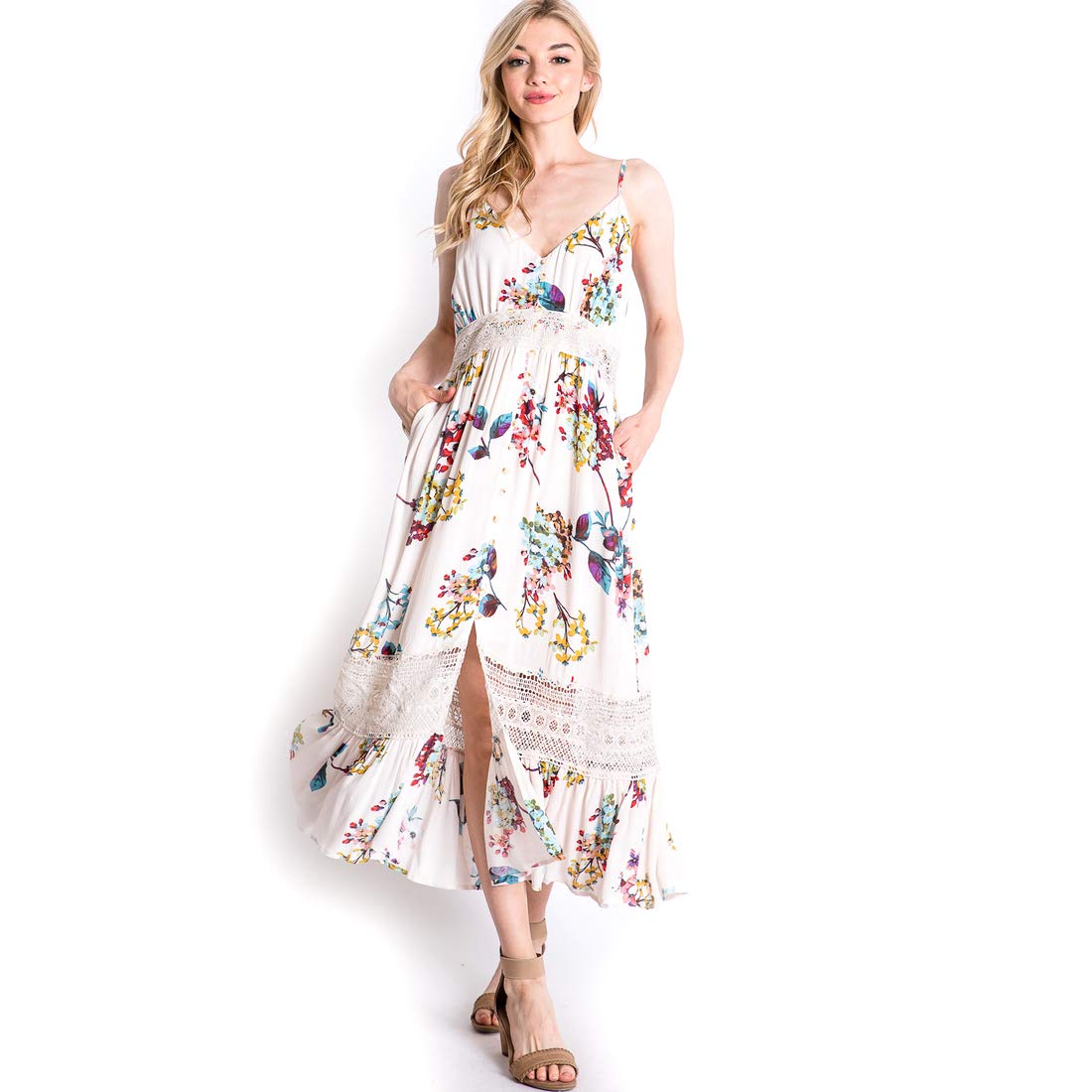 Cream Floral Maxi Sun Dress with Crochet Lace Detail & Spaghetti Straps - Medium Size | Boho Summer Beach Dress for Women, Perfect for Vacations, Weddings & Outdoor Parties