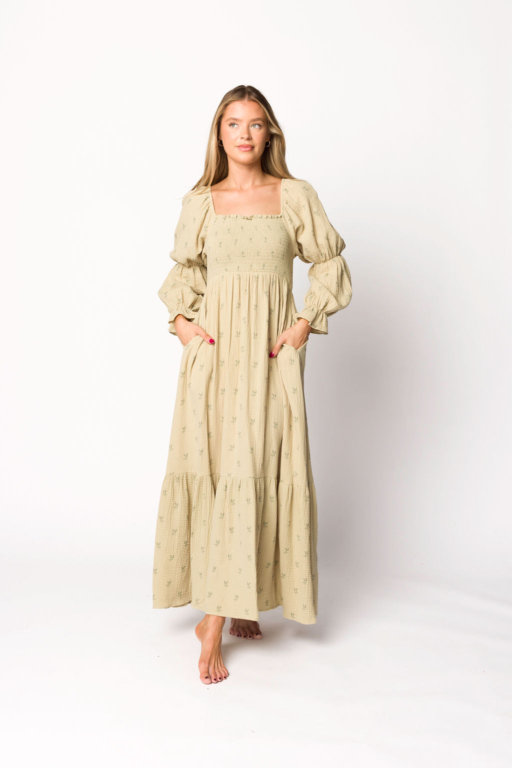 Emerson 100% Cotton Bump Friendly Maternity Maxi Dress in Thyme Green - Perfect for Pregnancy, Nursing, and Summer Casual Wear