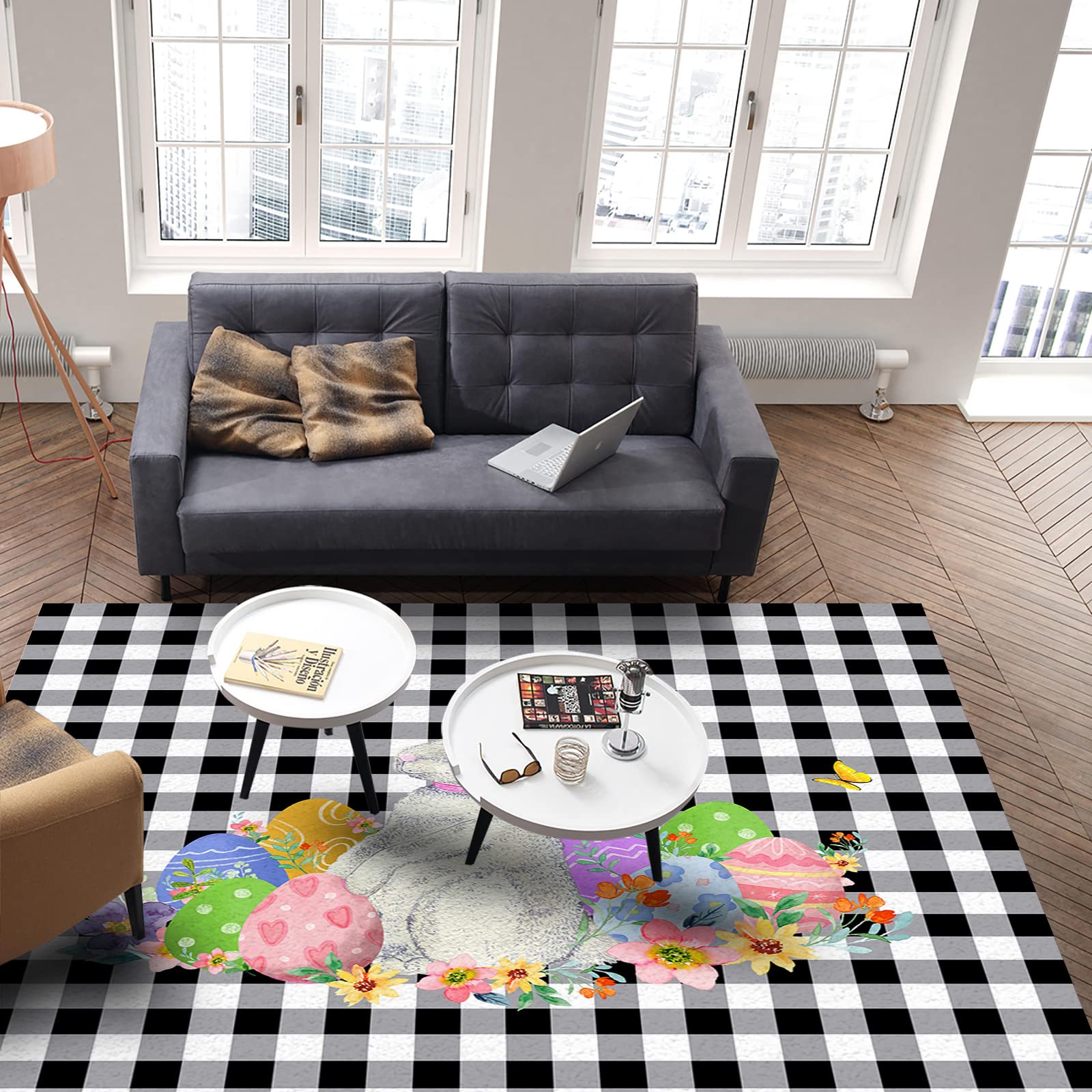 Non-Shedding Thick Area Rug Pad - 60x96 Inch Black and White Buffalo Plaid Floor Mat for Living Room, Bedroom, Kitchen - Easter Bunny Eggs Flower Design - Home Carpet Protection for Hardwood Floors & High Traffic Areas