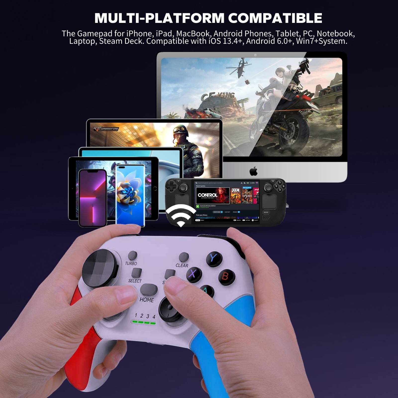 Wireless Game Controller for iPhone, Android, PC & Steam Deck - Compatible with iPhone 15/14/13, iPad, MacBook, Samsung Galaxy & Tablets - Turbo Function & Phone Holder Included - Perfect for Call of Duty, Apex Legends & Mobile Gaming
