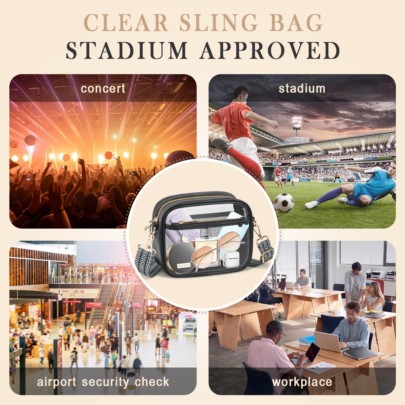 MOMSIV Clear Stadium Bag - Approved Clear Purse for Concerts, Sports & Events - Adjustable Strap Clear Tote for Women & Men - Perfect for NFL Games, Music Festivals & Theme Parks