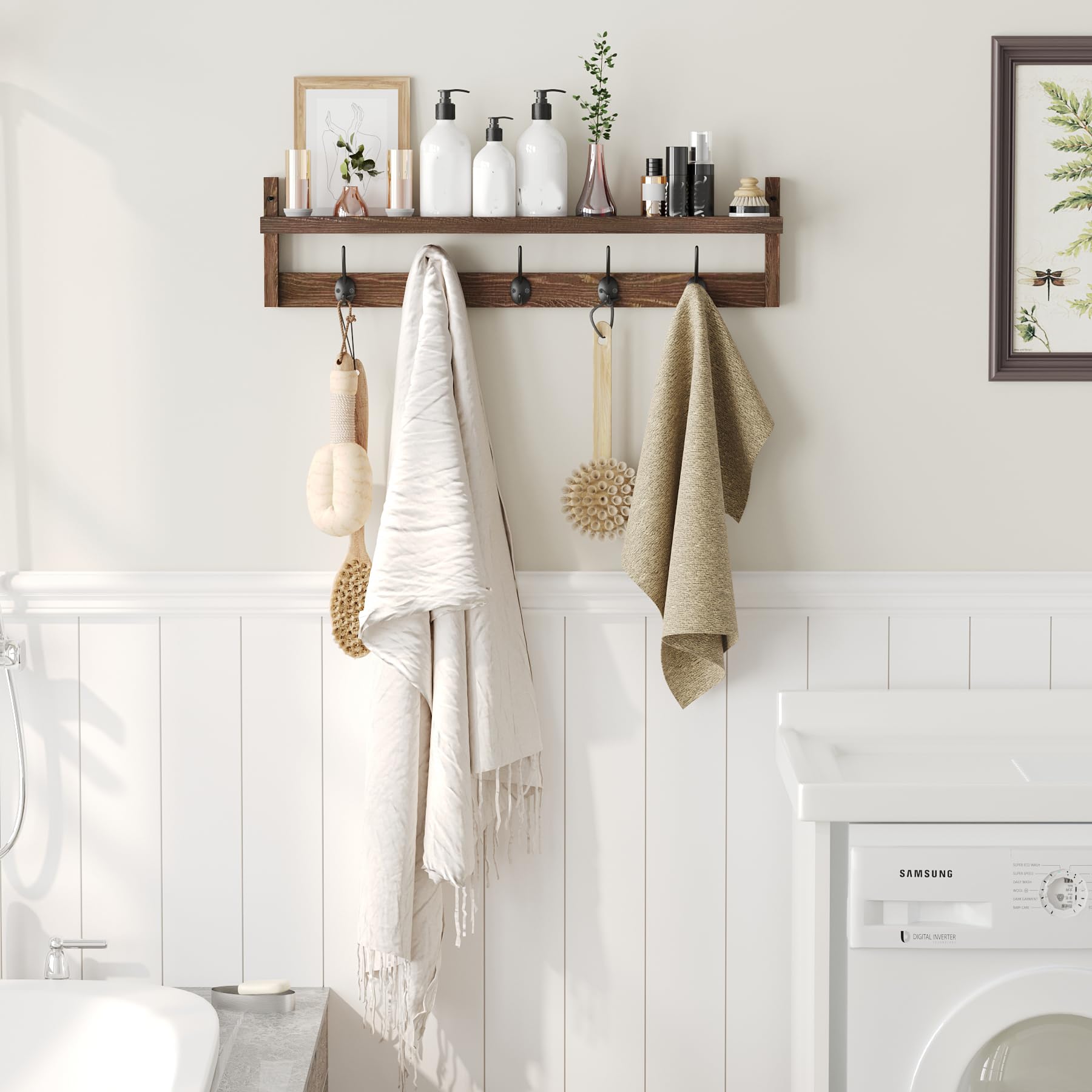 AMBIRD 28.9 Inch Wall Mounted Coat Rack with Shelf - 5 Dual Hooks for Entryway, Bathroom, Living Room & Bedroom - Solid Wood Hanging Organizer for Jackets, Hats, Bags & Towels (Brown) - Perfect for Small Spaces & Home Decor