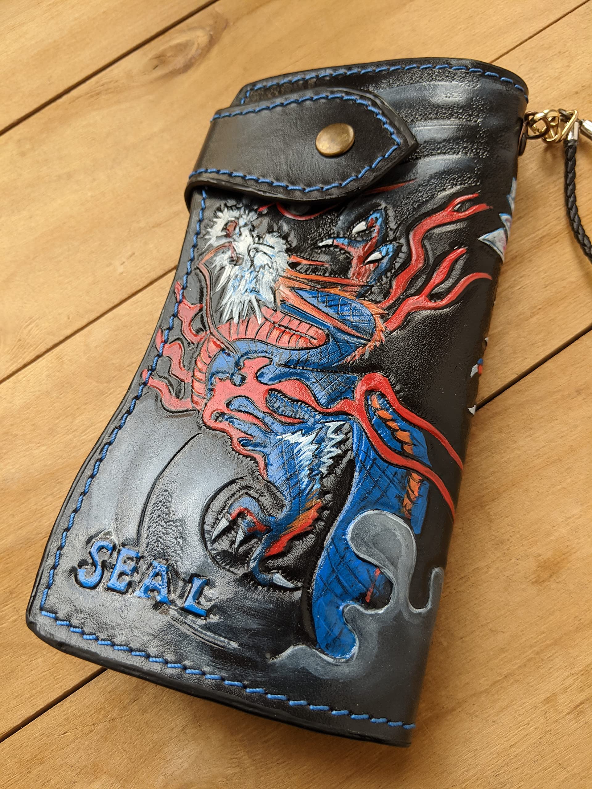 Handcrafted 3D Genuine Leather Wallet for Men - Long Biker Wallet with Intricate Hand-Carved Dragon Design - Custom Personalized Japanese Style Wallet - Perfect for Motorcycle Enthusiasts, Gift Giving & Everyday Use