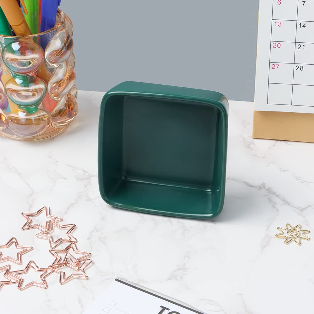 MEI YI TAN Square Ceramic Paper Clip Holder - Dark Green Office Desk Organizer for Paperclips & Binder Clips | Cute Desktop Accessories Dispenser for Home & Office Organization