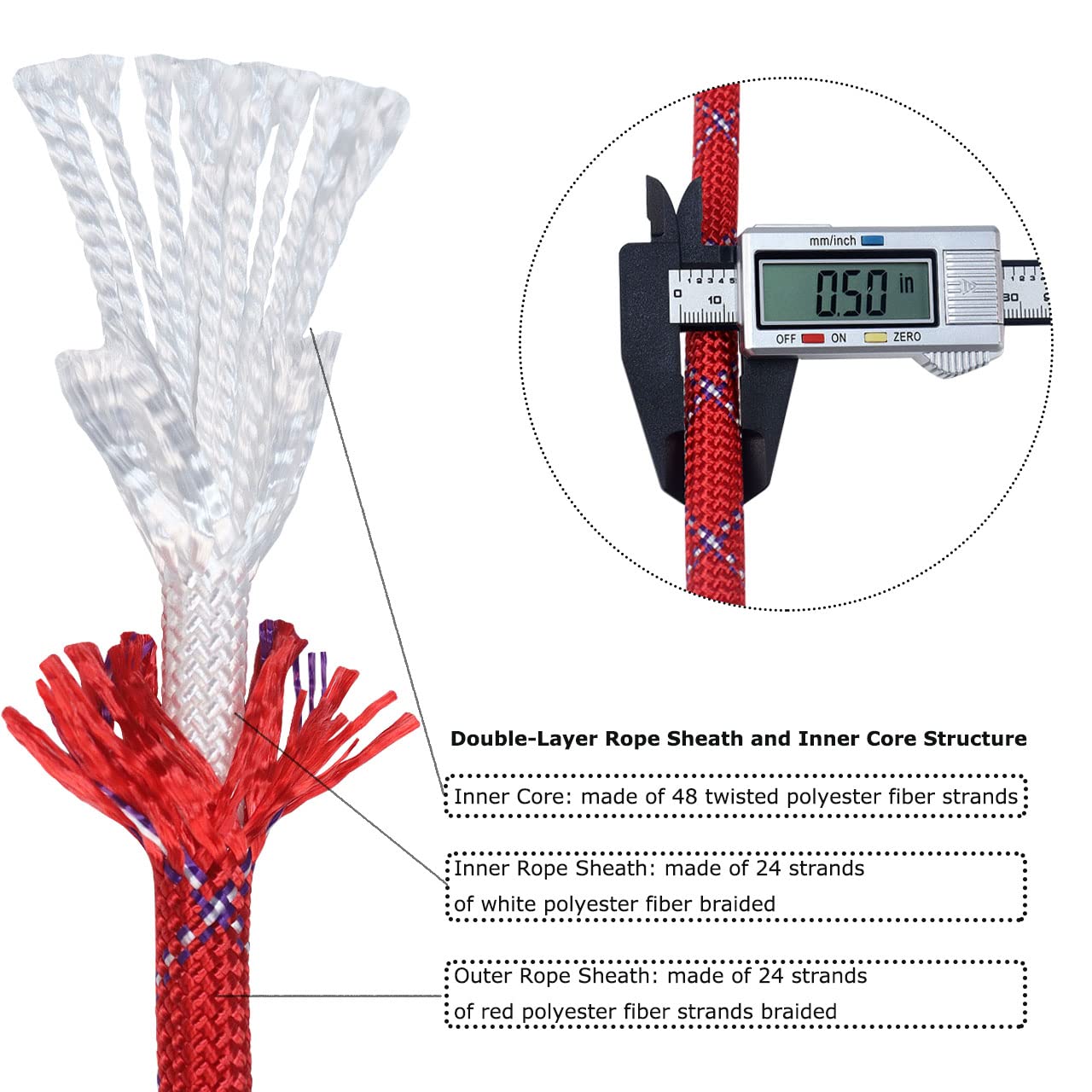 1/2 Inch x 100 Feet Double Braided Arborist Rope - High Strength Polyester Climbing Rope for Tree Work, Halyard, Sailing - Perfect for Arborists, Rock Climbing, Marine Use & Outdoor Adventures (Red)