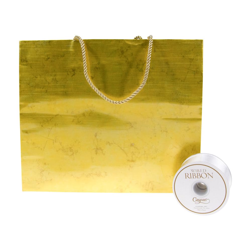 Elegant Caspari Antique Gold Large Gift Bags - Set of 2 Premium Luxury Gift Bags for Weddings, Birthdays & Special Occasions