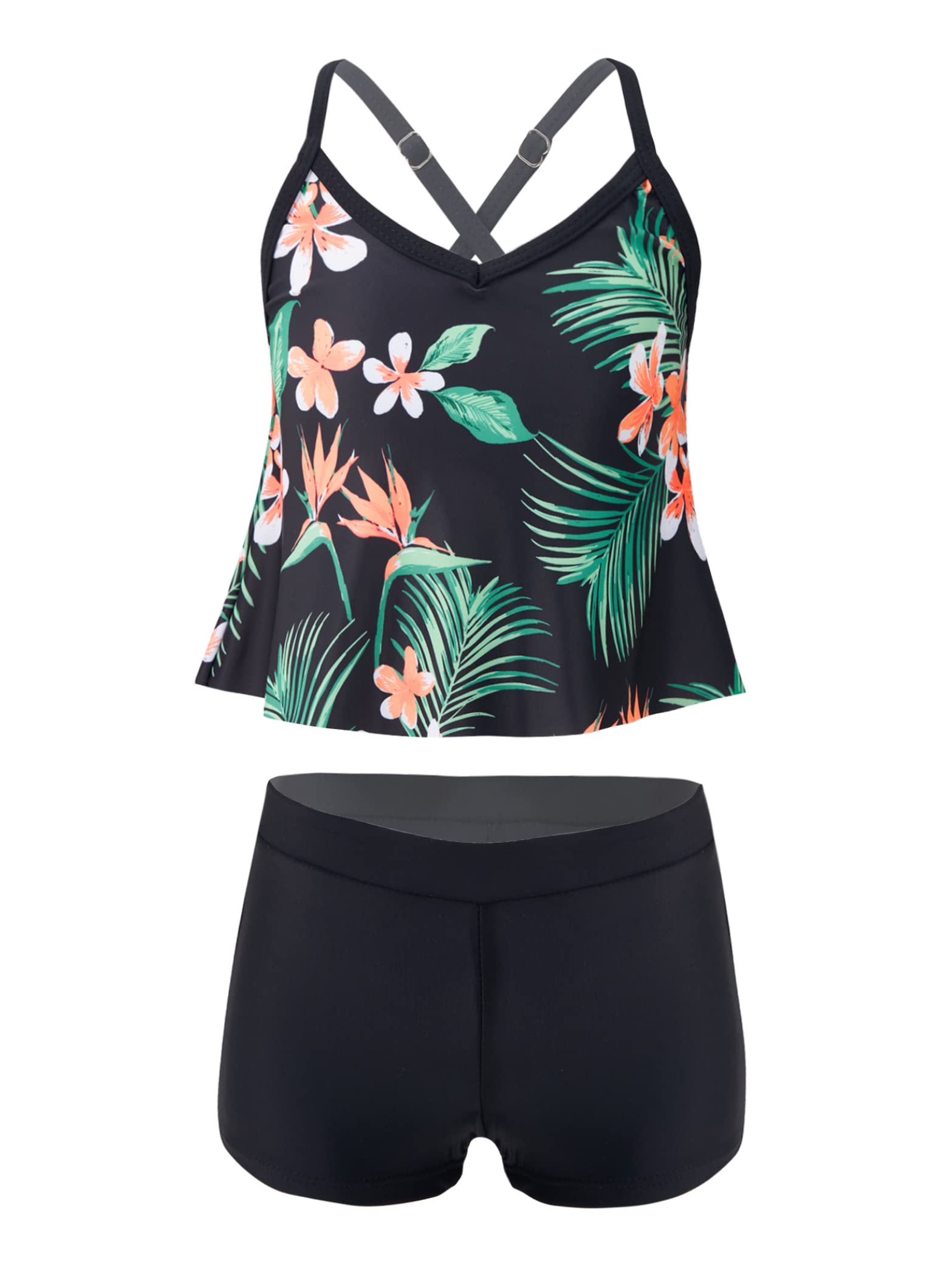 Hedmy Girls' 2-Piece Tankini Swimwear Set - Hawaiian Print Tank Top & Swim Shorts for Kids - Perfect for Beach, Pool & Summer Vacation