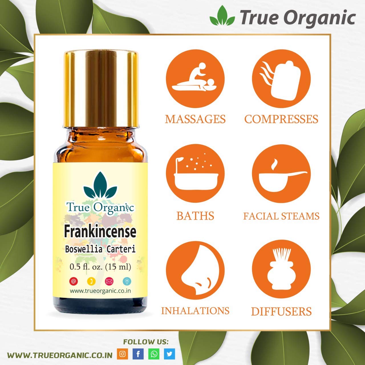 True Organic Frankincense Essential Oil - 100% Pure Natural for Massage, Aromatherapy, Relaxation & Stress Relief (15ml) - Perfect for Diffusers, Skincare & Meditation