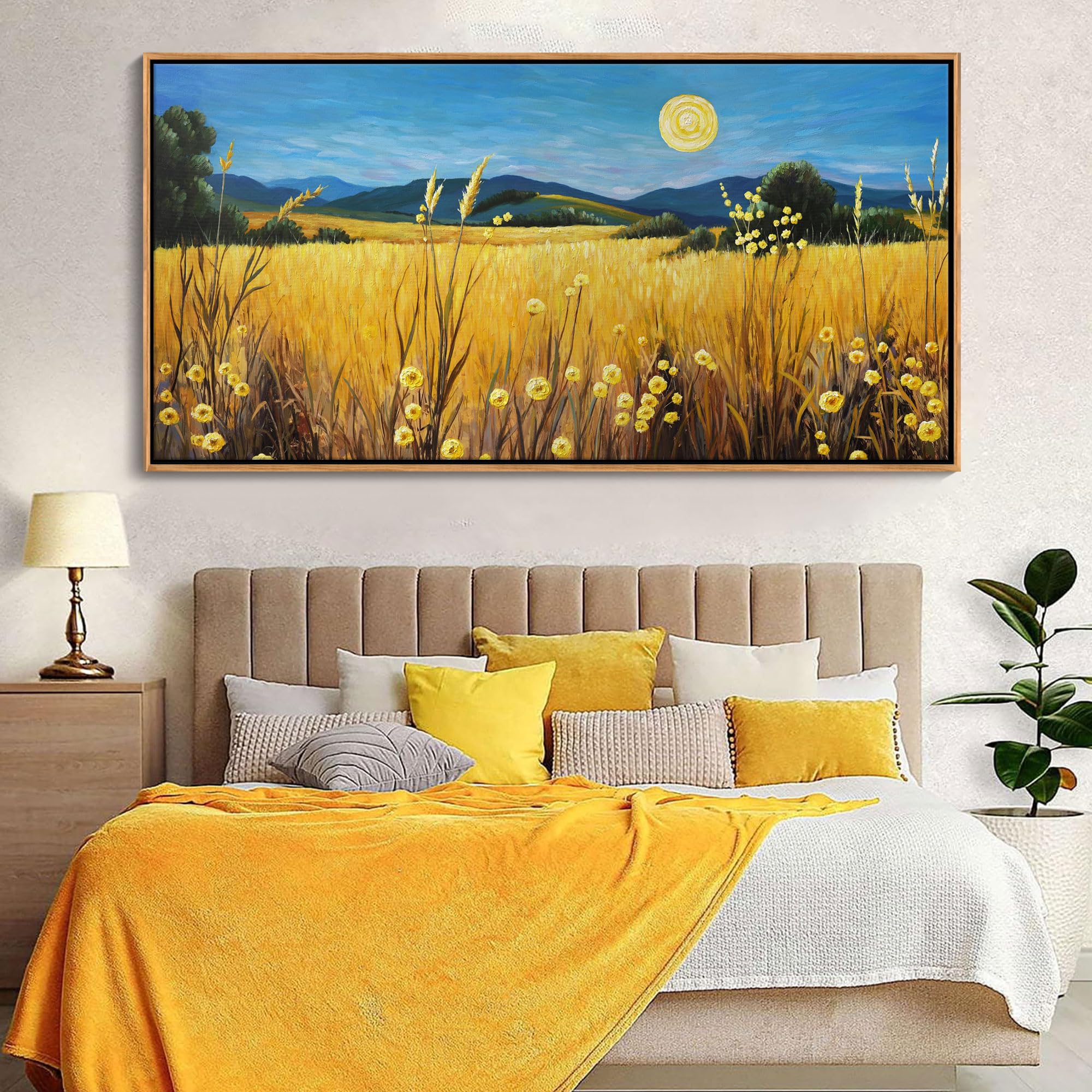 Large Yellow Moon Framed Canvas Wall Art - 29x58 Inch Nature Landscape Painting for Living Room, Bedroom, Office & Dining Room Decor | Fall-Themed Home & Commercial Wall Decor
