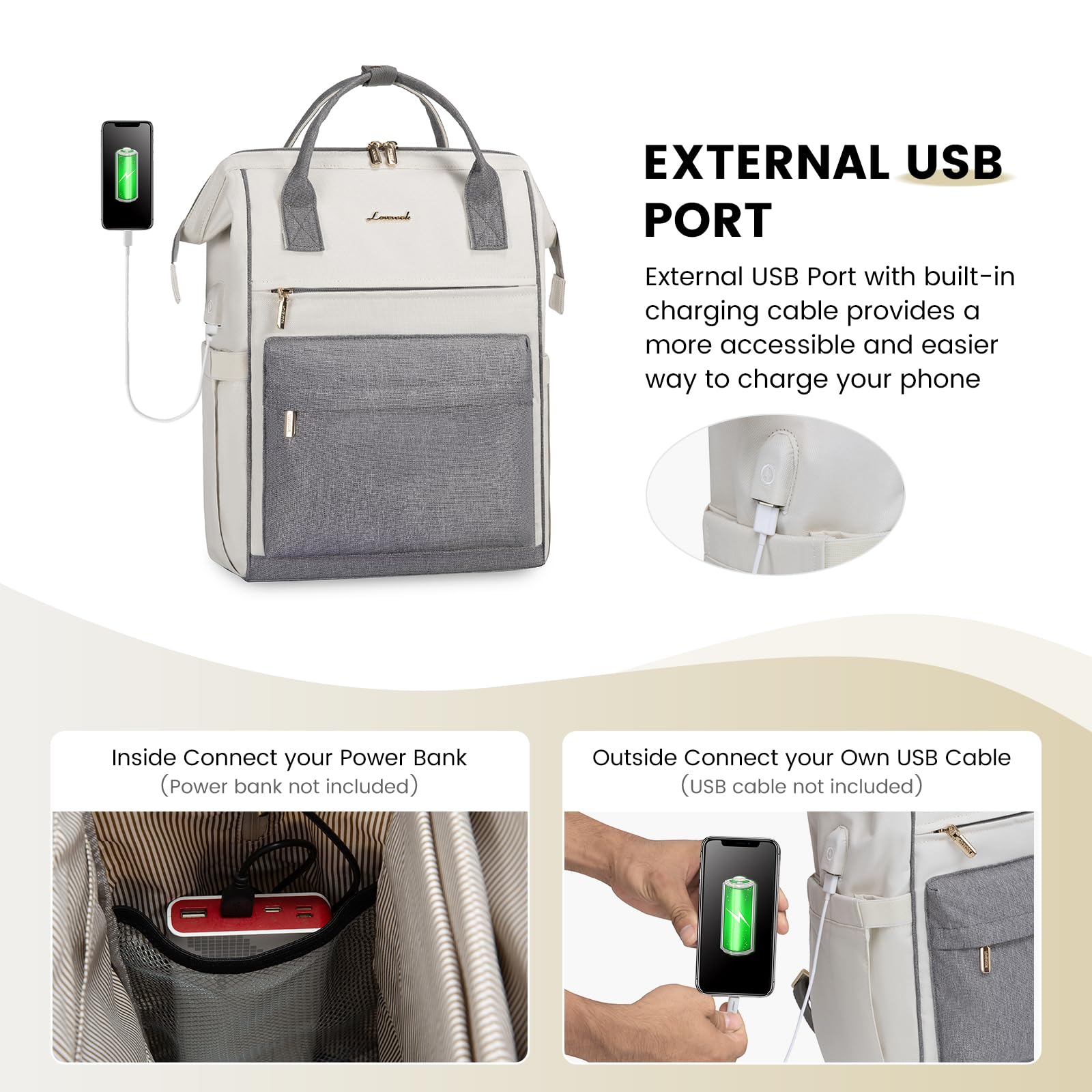 LOVEVOOK Waterproof Laptop Backpack for Women - 17.3 Inch Work Computer Bag with USB Charging Port, Durable Business Travel Backpack for Teachers, Nurses & Professionals (Off White-Grey) - Perfect for Office Commute, College & Daily Use