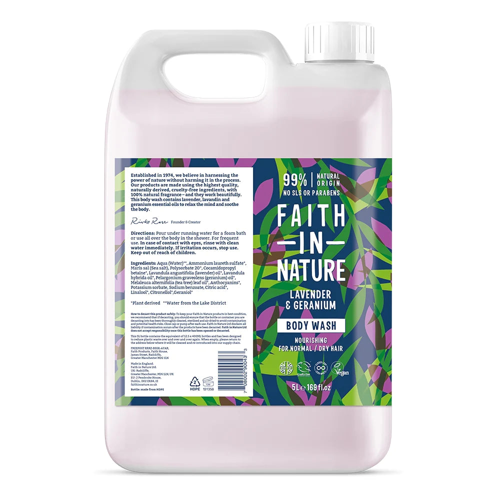 Faith In Nature Lavender & Geranium Body Wash Refill 5L - Organic & Vegan Shower Gel for Sensitive Skin | Relaxing Aromatherapy Bath & Shower Essential