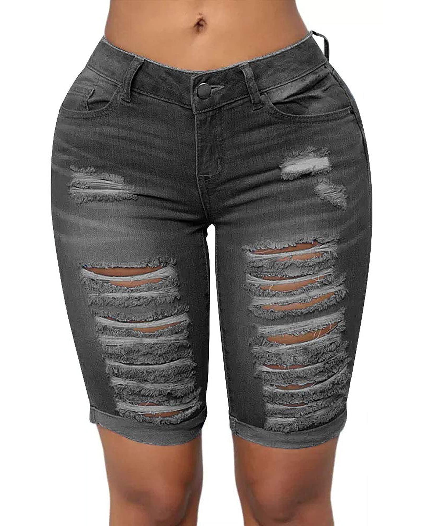 Roswear Women's Distressed Knee-Length Ripped Stretchy Denim Shorts - Comfortable High Waisted Jean Shorts for Summer, Casual Wear & Outdoor Activities