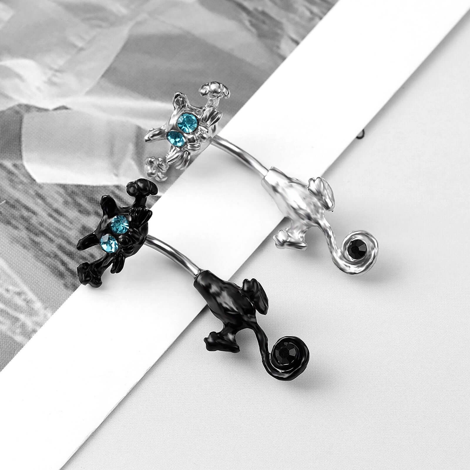 Naughty Black Cat Double Mount Belly Rings - UZ248 | Stylish Gothic Belly Button Rings for Women | Perfect for Halloween Costumes & Body Jewelry Lovers
