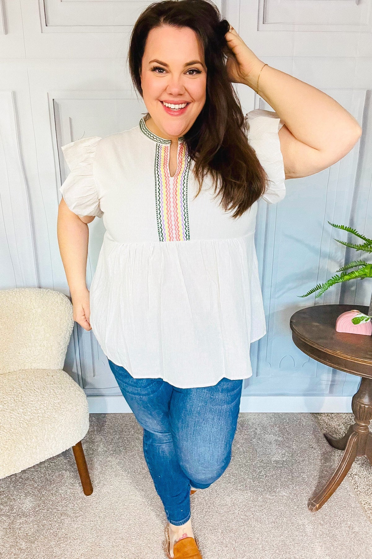 Haptics Weekend Ready Taupe Embroidered Notched Neck Babydoll Top - Women's Casual Boho Blouse for Brunch, Date Night & Summer Outings