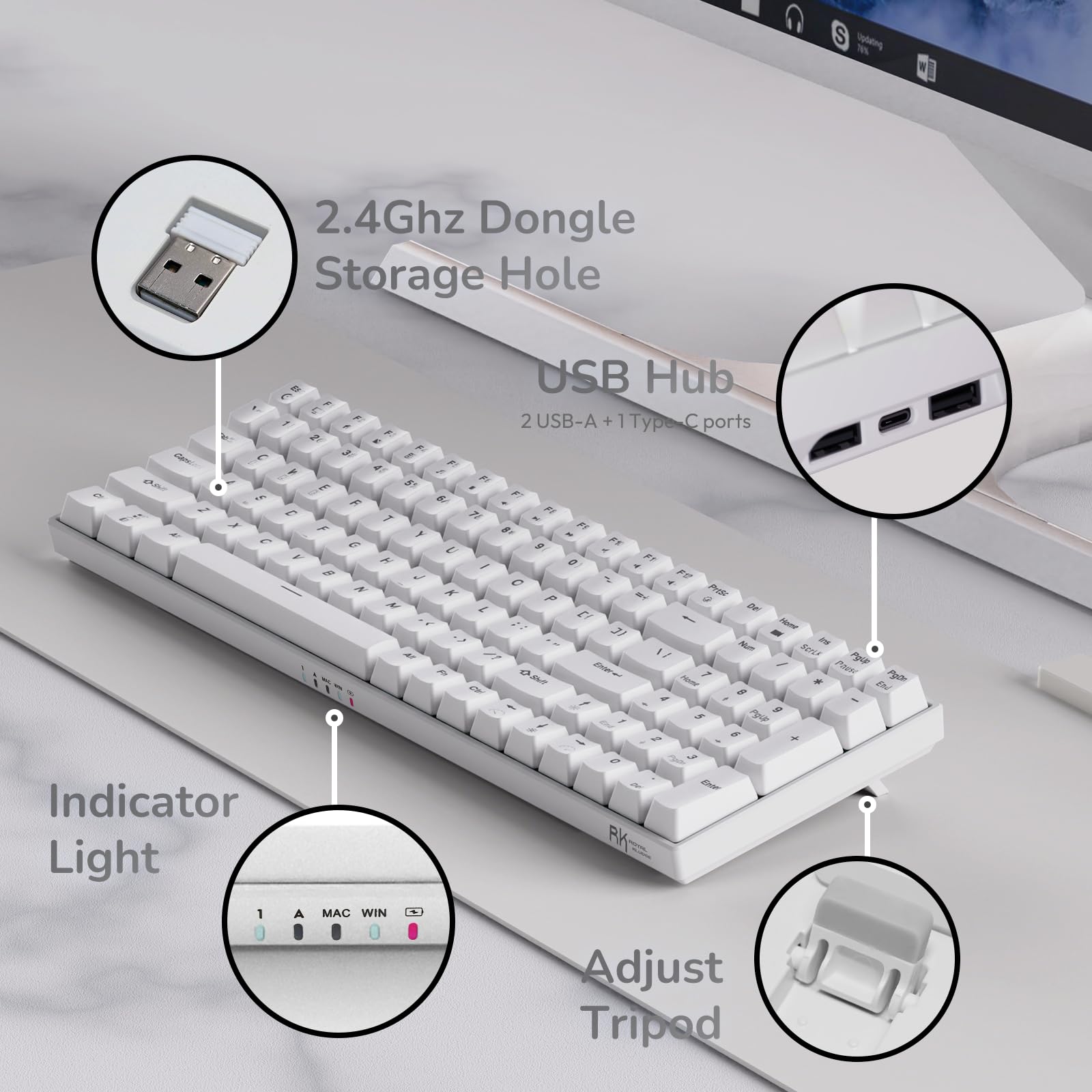 RK ROYAL KLUDGE RK100 Wireless Mechanical Keyboard - 2.4Ghz/Bluetooth/Wired, 100 Keys Full Size RGB Backlit Gaming Keyboard with Hot Swappable Blue Switch (White) | Perfect for Office Work, Gaming, and Programming
