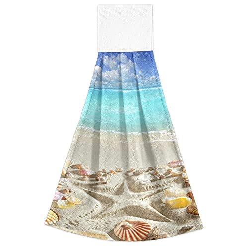 Hanging Towels 2 Pack - Beach Sand Starfish Tropical Sea Design for Hand, Face, Hair, Gym, Yoga, Dishcloth, Kitchen, and Bath - Perfect for Home, Travel, and Outdoor Adventures