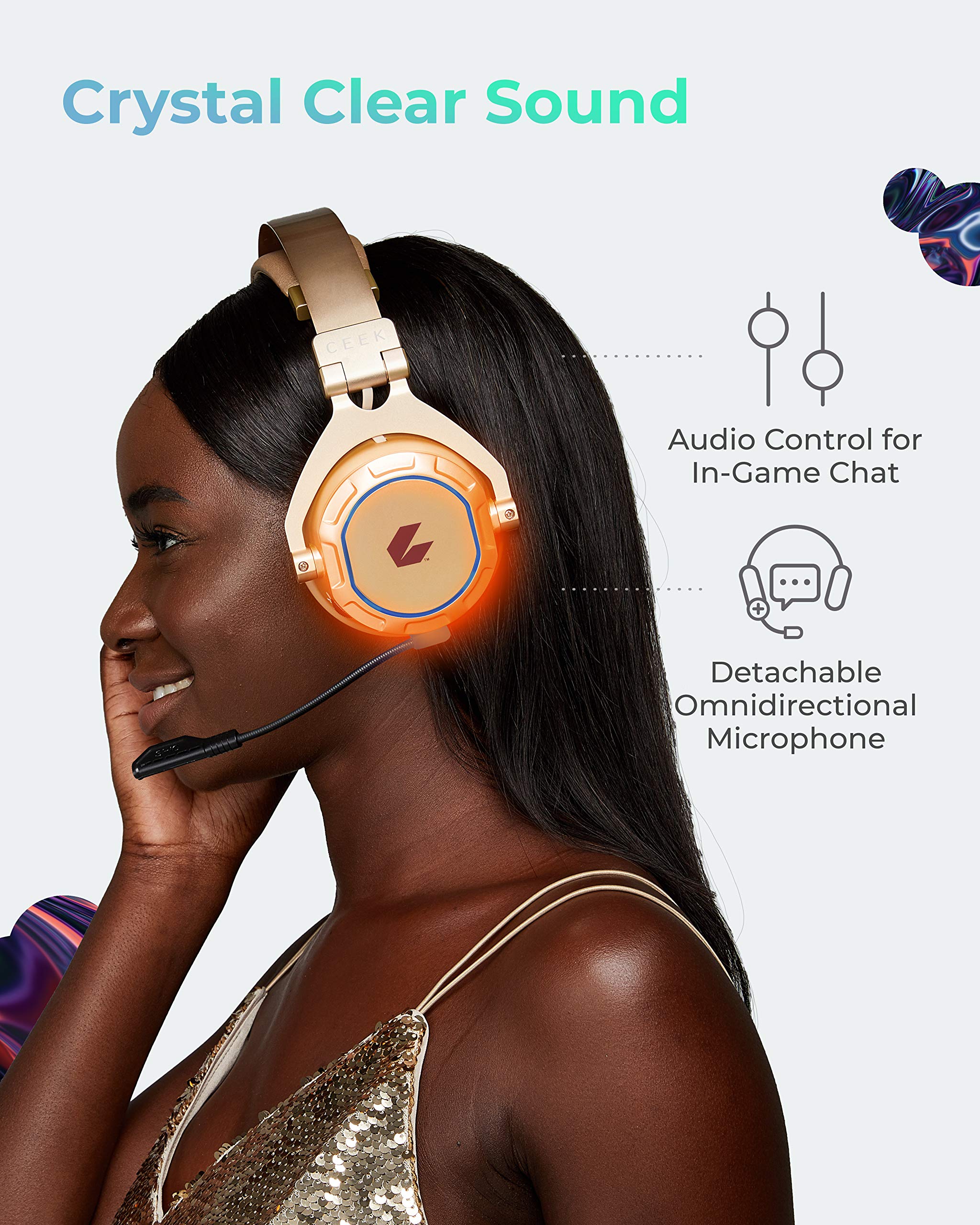CEEK VR 360 Advanced Wireless Bluetooth Headphones with Noise Cancelling - Gold | Immersive Gaming & Virtual Reality Headset for PC, PS5, Xbox & Mobile Devices