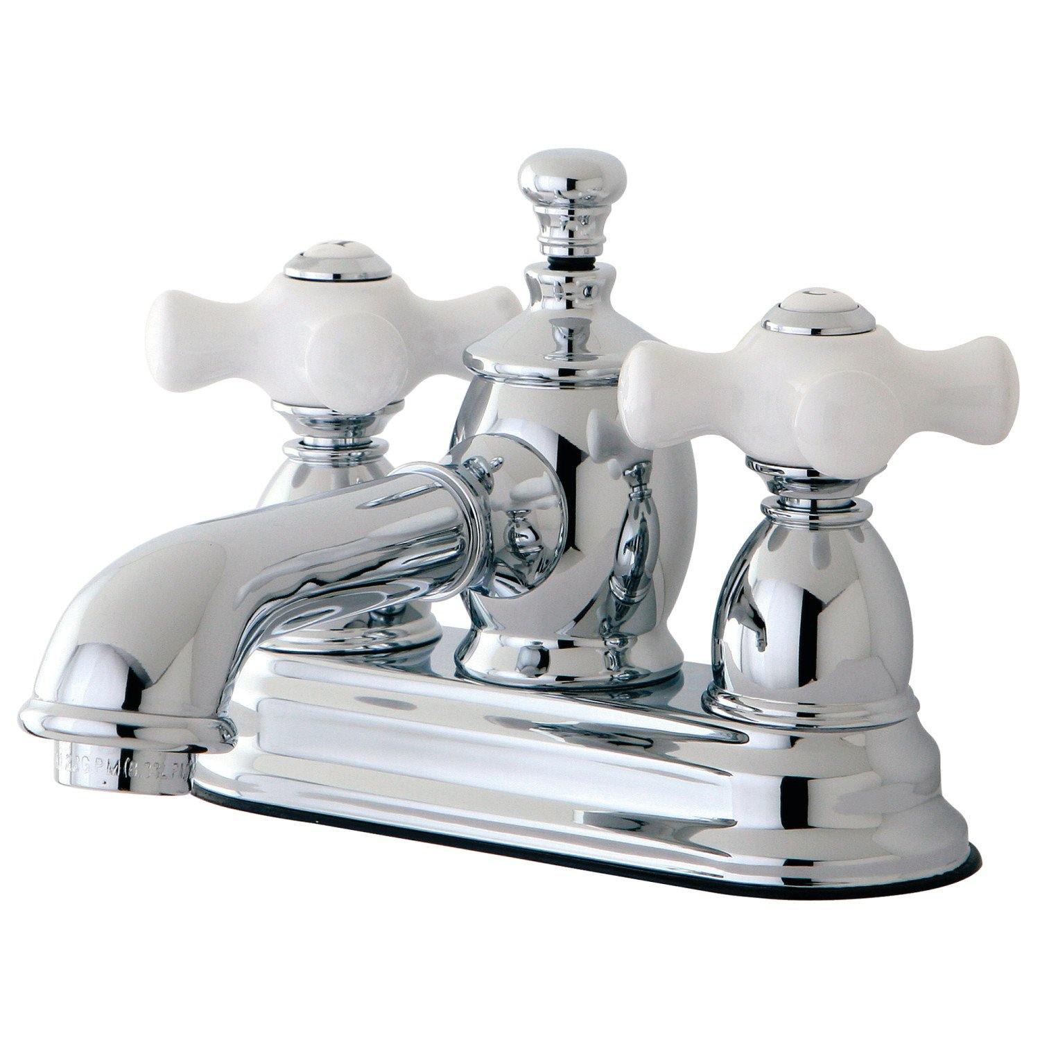 English Country Style Double Handle 3-Hole Deck Mount 4-Inch Centerset Bathroom Faucet with Brass Pop-Up Drain - Perfect for Vintage Bathroom Renovations & Traditional Home Decor