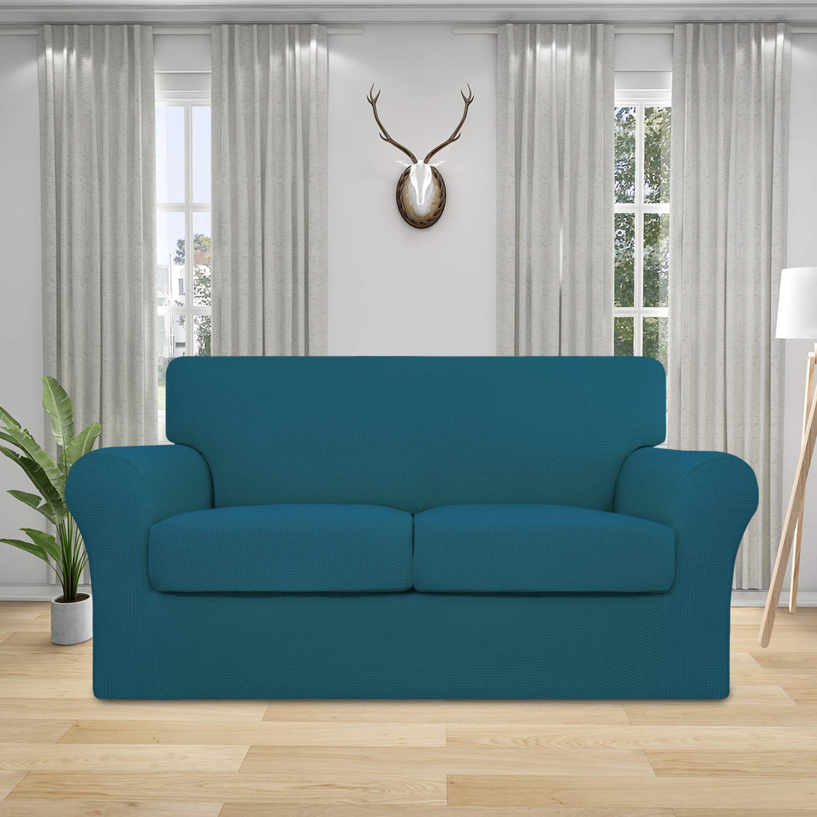 Stretch Sofa Cover for Dogs - 3 Piece Washable Pet-Friendly Couch Slipcover, Spandex Jacquard Fabric Elastic Furniture Protector for 2 Cushion Loveseat (Peacock Blue) - Perfect for Pet Owners & Living Room Protection