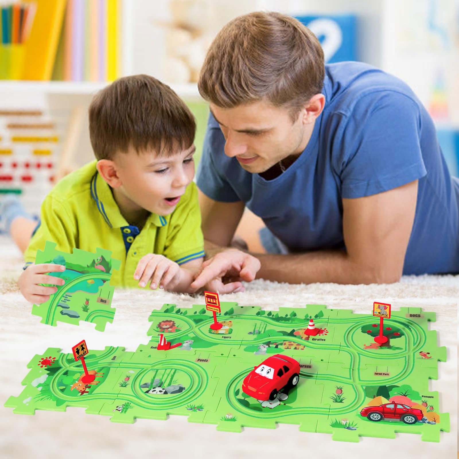 Puzzle Racer Kids Car Track Set - Interactive Plastic Floor Puzzles with Toy Vehicles for Toddlers Ages 2-6 | STEM Learning Toys for Boys & Girls | Perfect Birthday Gift for 3-5 Year Olds | Fun Indoor Play & Early Childhood Development Activity