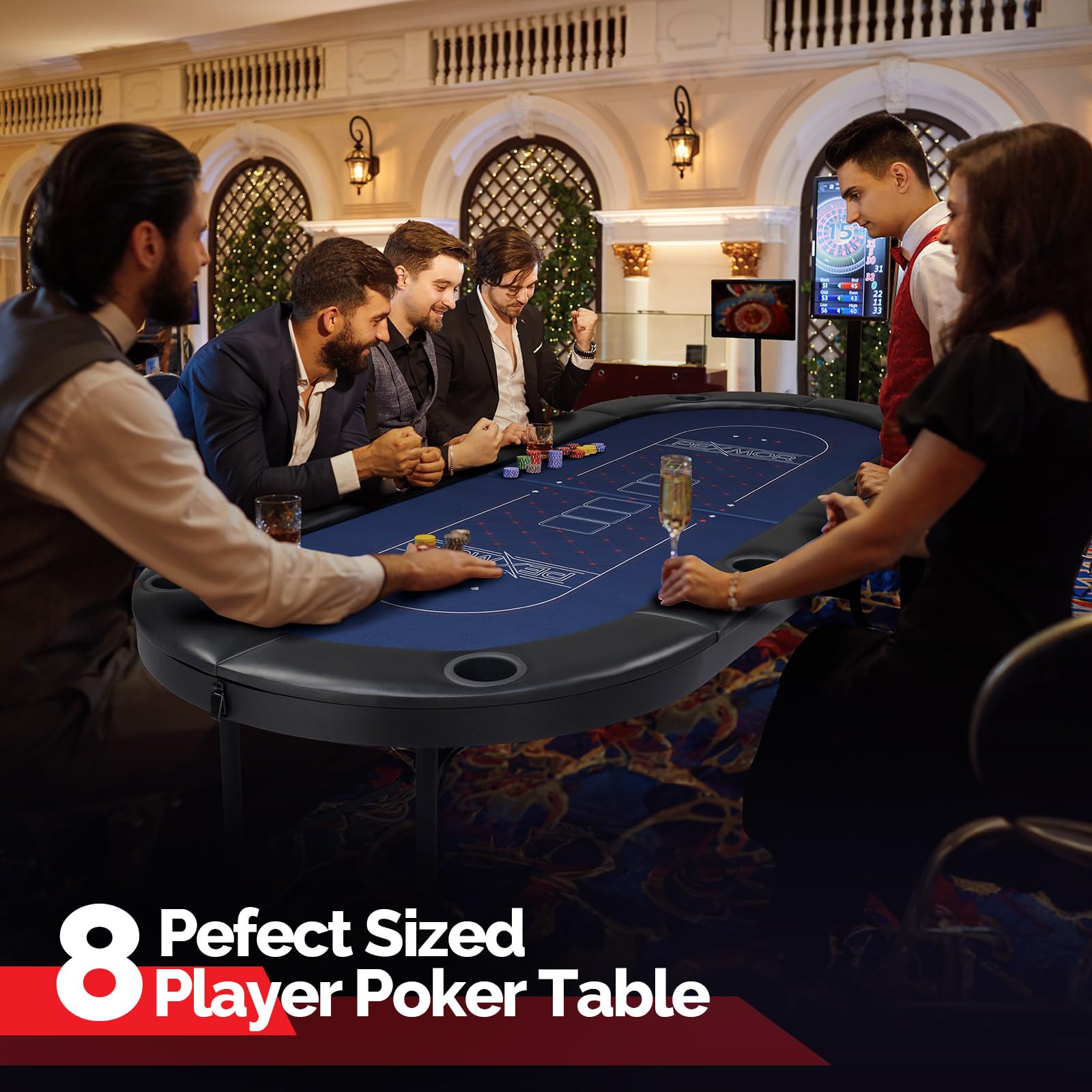 PEXMOR 8-Player Foldable Poker Table with Stainless Steel Cup Holders - Casino-Grade Felt & Water-Resistant Cushioned Rail - Texas Holdem Blackjack Game Table for Home & Casino Nights | Perfect for Poker Parties, Game Rooms & Casino-Themed Events