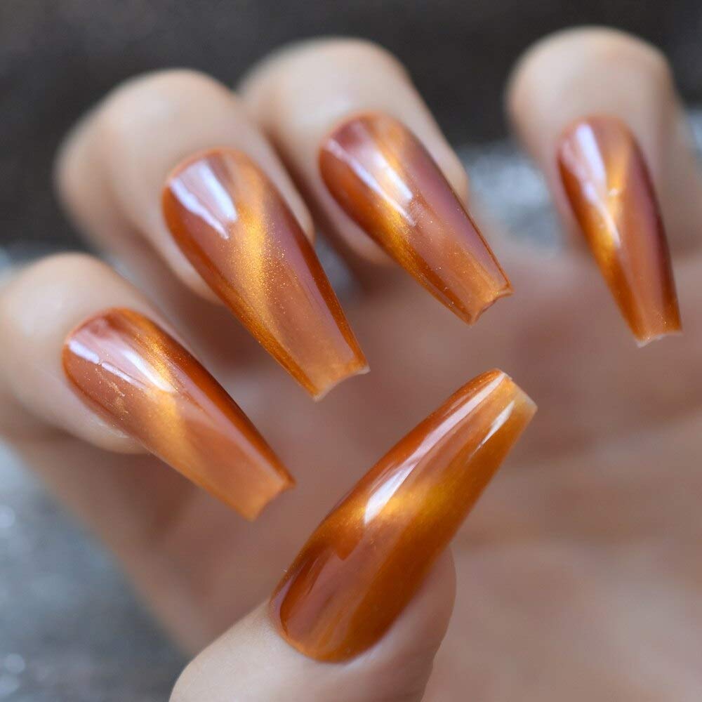 Glossy Handmade Cat Eye Extra Long Coffin False Nails - Dark Orange Press On Nails 20pcs Set - Flat Ballerina Fake Nails for Salon, Manicure & Party Wear