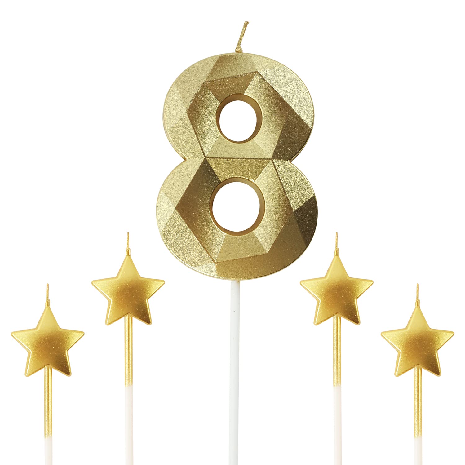 Golden Number 8 Birthday Candles - 2.76 Inch 3D Diamond Shaped Cake Candles for Birthday Parties, Anniversaries & Celebrations - Perfect for Cakes, Cupcakes & Dessert Decorations (Gold)
