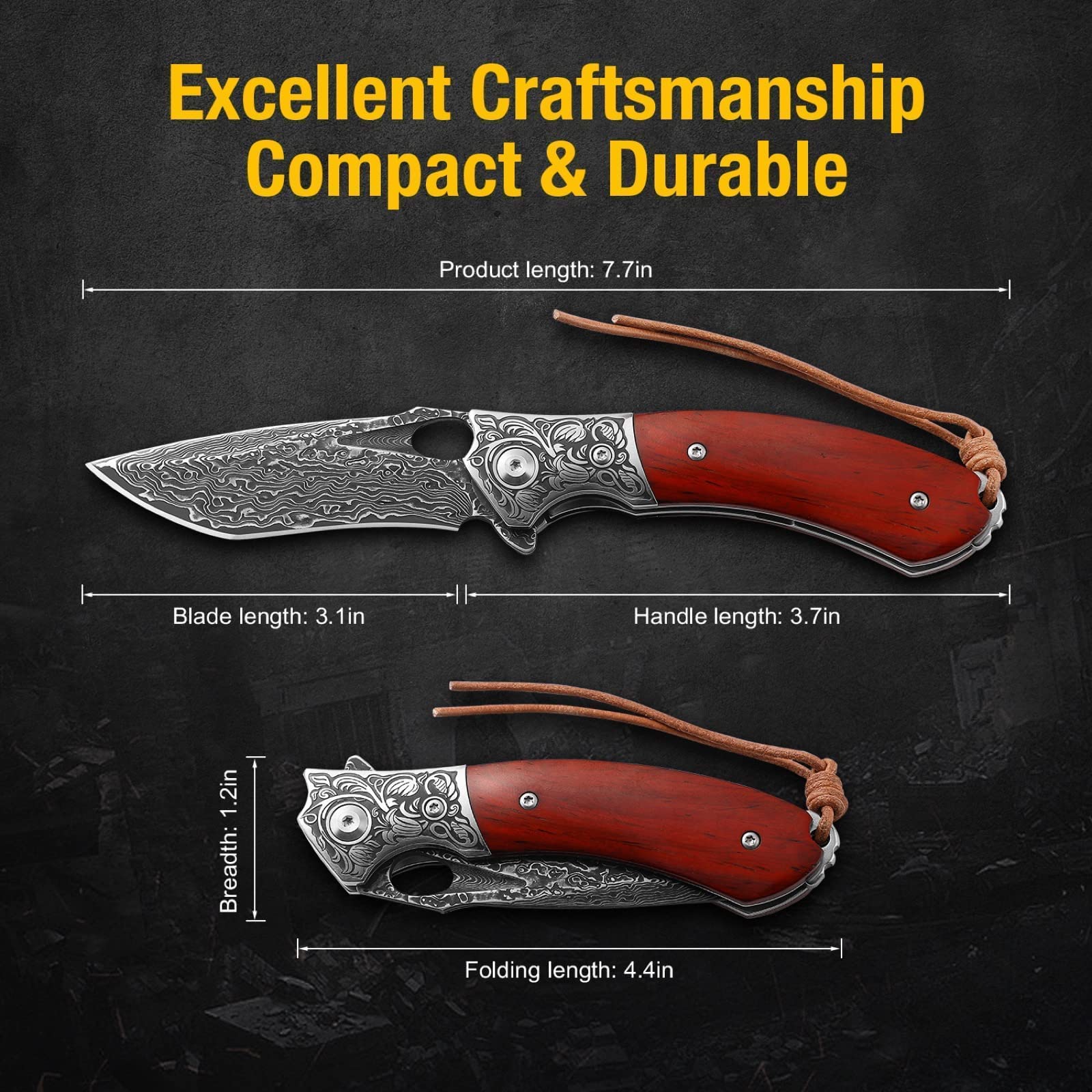 Premium Damascus Steel Pocket Knife for Men - Handmade Real Damascus Folding Knife with Clip & Leather Sheath - Perfect Gift for Father's Day, Valentine's Day - Ideal for Camping, Hiking, Outdoor Adventures & Everyday Carry (EDC)