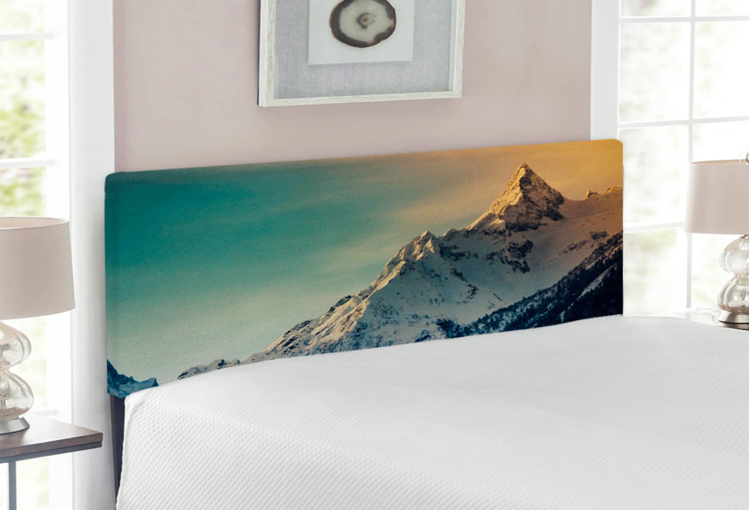 Ambesonne Winter Mountains Panorama Headboard - Full Size Upholstered Metal Bed Headboard with Memory Foam | Caucasus European Landscape Ski Slopes Design in Tan Blue | Perfect for Bedroom Decor & Cozy Cabin Retreats