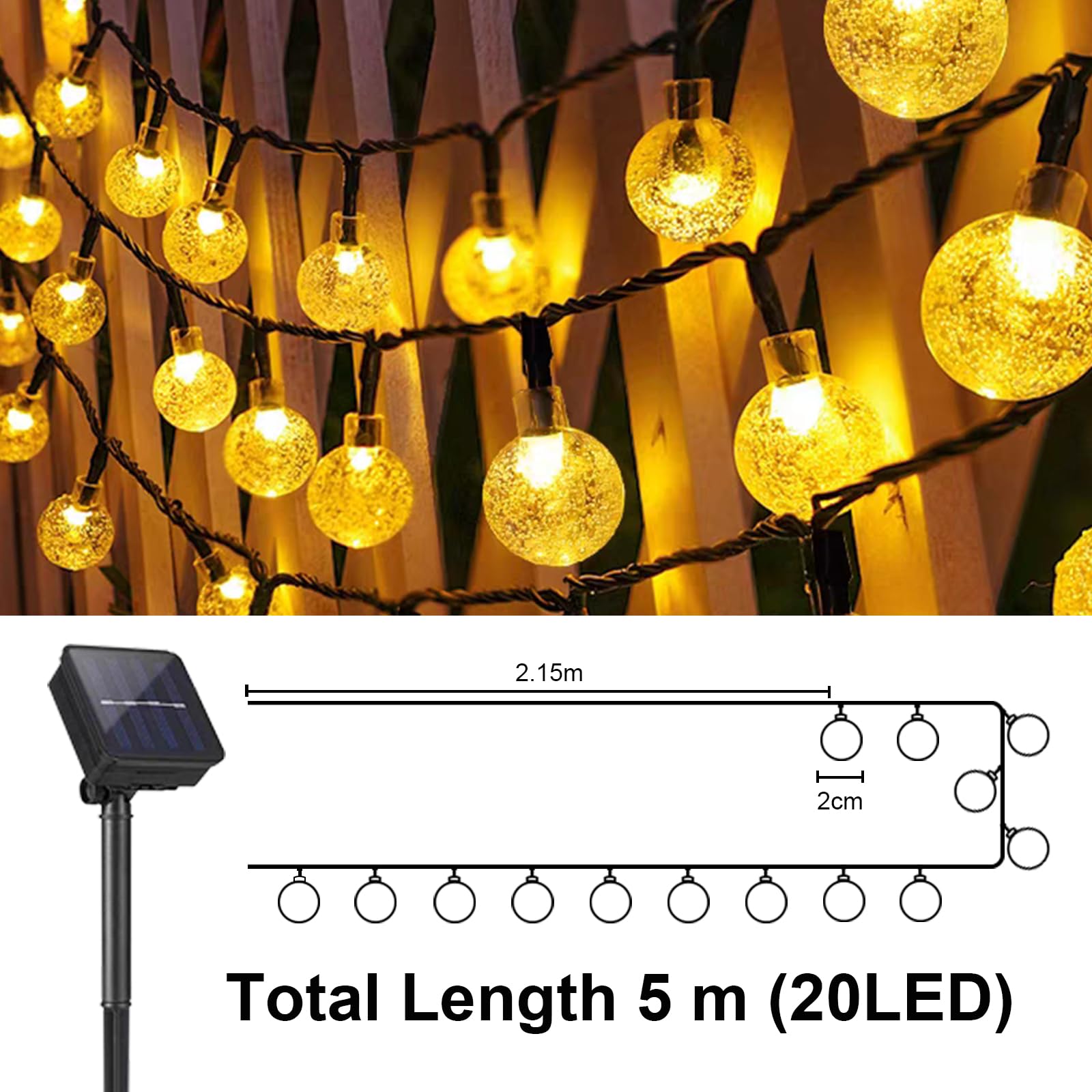 LQWELL® 20 LED Solar Fairy Lights with Crystal Balls - 5m Waterproof IP44 Outdoor String Lights, 8 Lighting Modes for Garden, Patio, Balcony, Wedding & Party Decor (Warm White) | Perfect for Romantic Evenings, Holiday Displays & Outdoor Entertaining