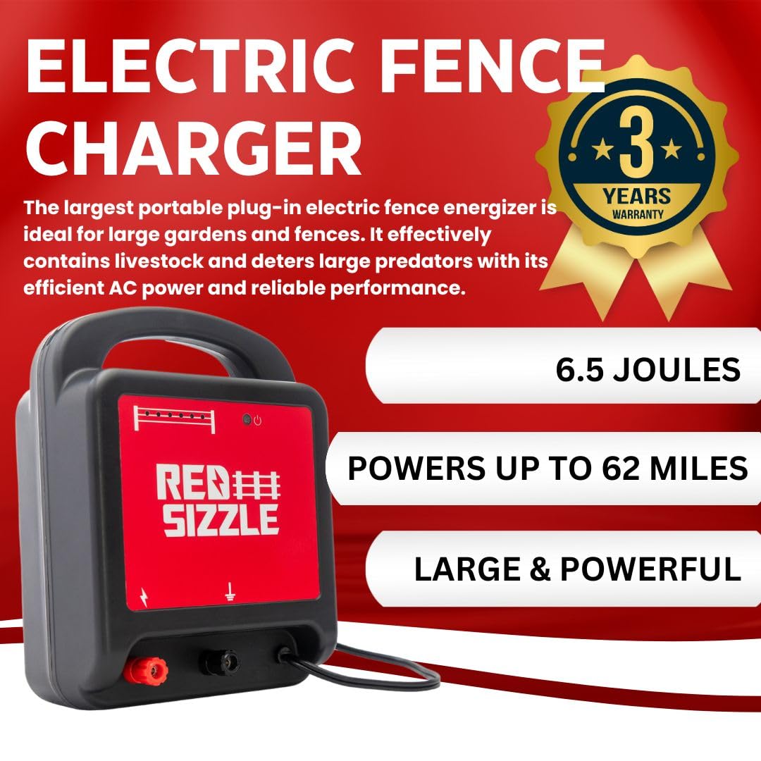Red Sizzle 62M 6.5 Joule Electric Fence Charger for Large Pastures - Heavy Duty Plug-in Energizer for Livestock Protection & Wildlife Deterrent (Bears, Deer) | Perfect for Farm Security & Animal Containment
