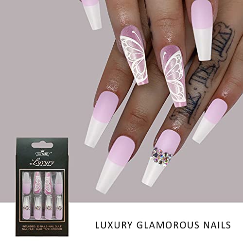 30 PCS Long Coffin Press on Nails - French Matte False Nails with Rhinestones & 3D Butterfly Designs | Full Cover Stick on Nails for Women & Girls (Purple) | Perfect for Parties, Weddings, and Special Occasions