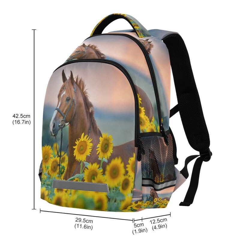 Horse Sunflower Kids Backpack for School - Durable Student Bookbag for Boys & Girls - Lightweight Casual Daypack for Travel, Hiking & Outdoor Activities