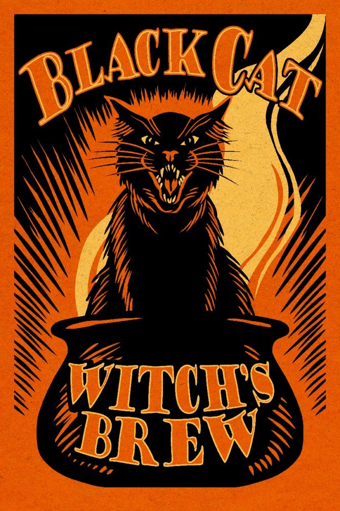Black Cat Witch's Brew Halloween Art Print - Signed 24x36 Wall Decor Poster for Spooky Home & Office Decor | Perfect for Halloween Parties & Gothic Interior Design