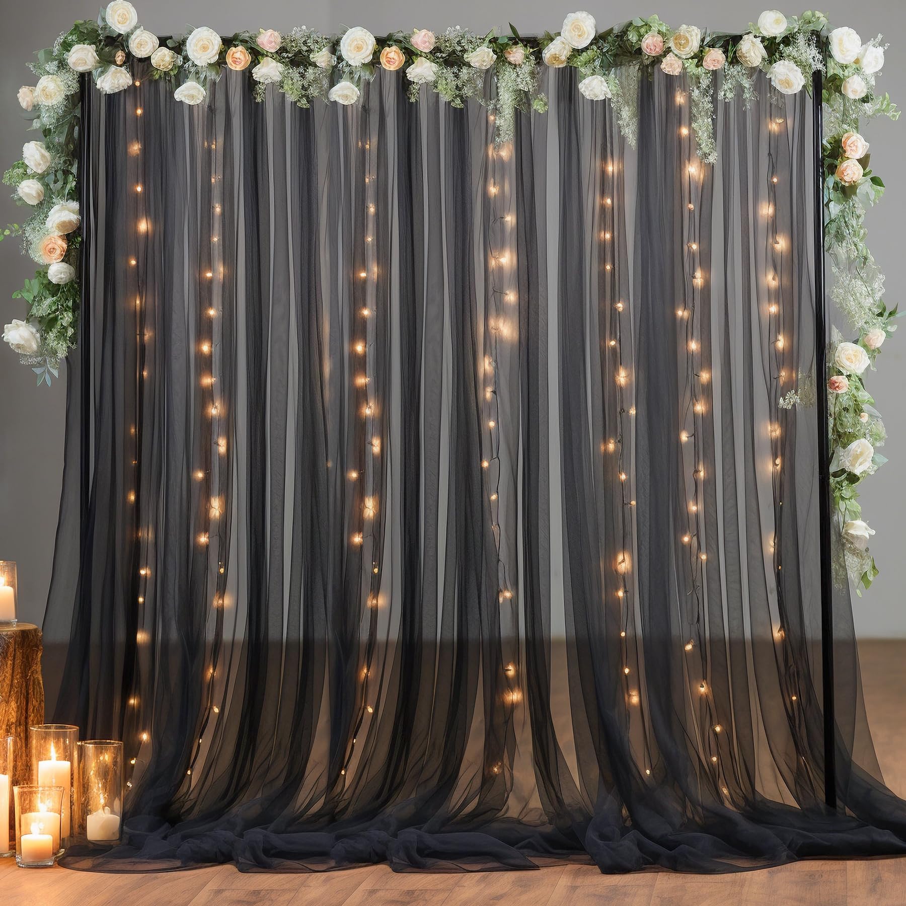 10×10ft Black Tulle Backdrop Curtain with LED String Lights - Sheer Wedding Party Decor, Photo Booth Background, Home Decoration for Birthday, Anniversary & Baby Shower Events