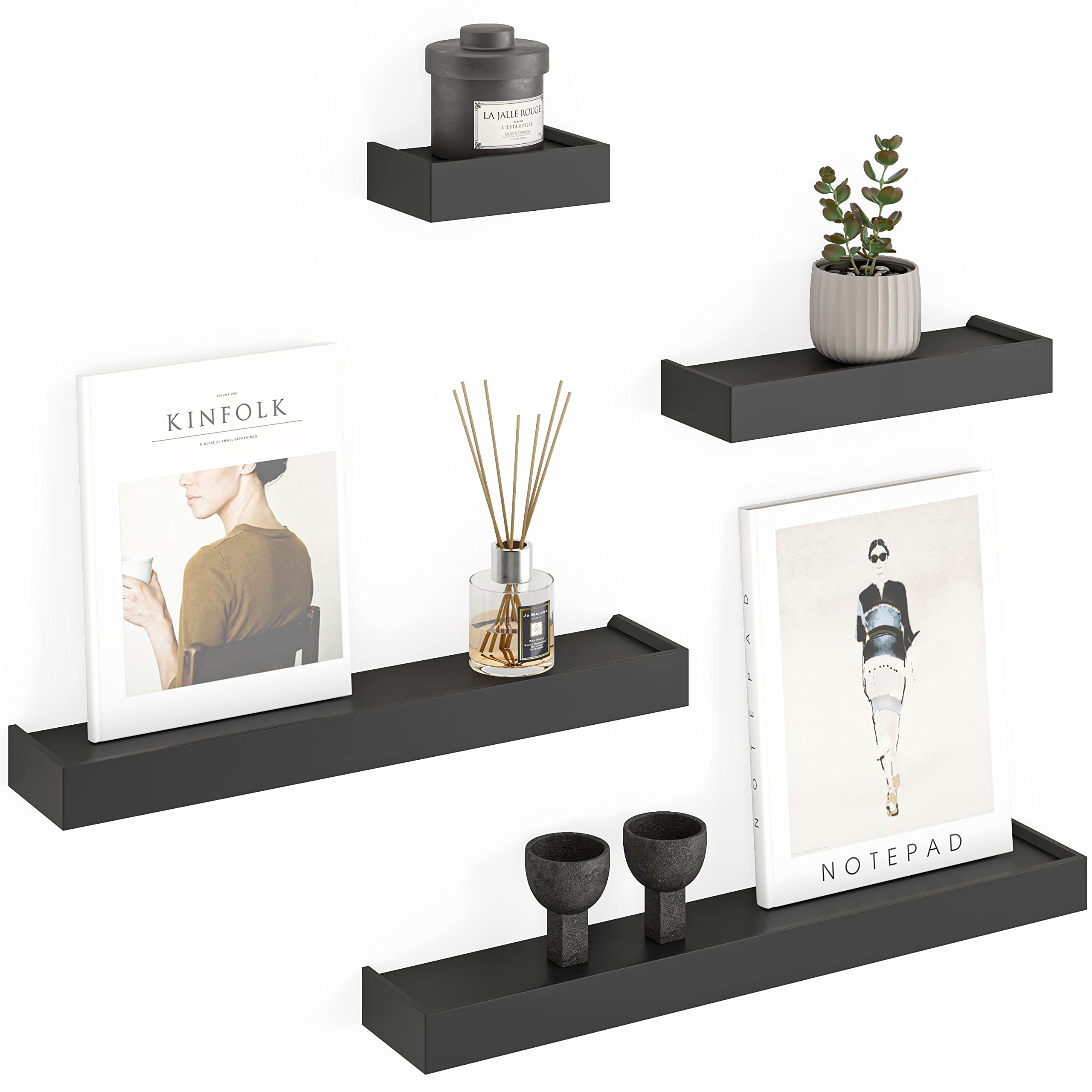 Ballucci Modern Ledge Wall Shelves - Set of 4 Wood Floating Shelves for Home Decor, Bedroom, Bathroom, Living Room, Kitchen & Nursery - Black - Perfect for Displaying Photos, Books & Decorative Items