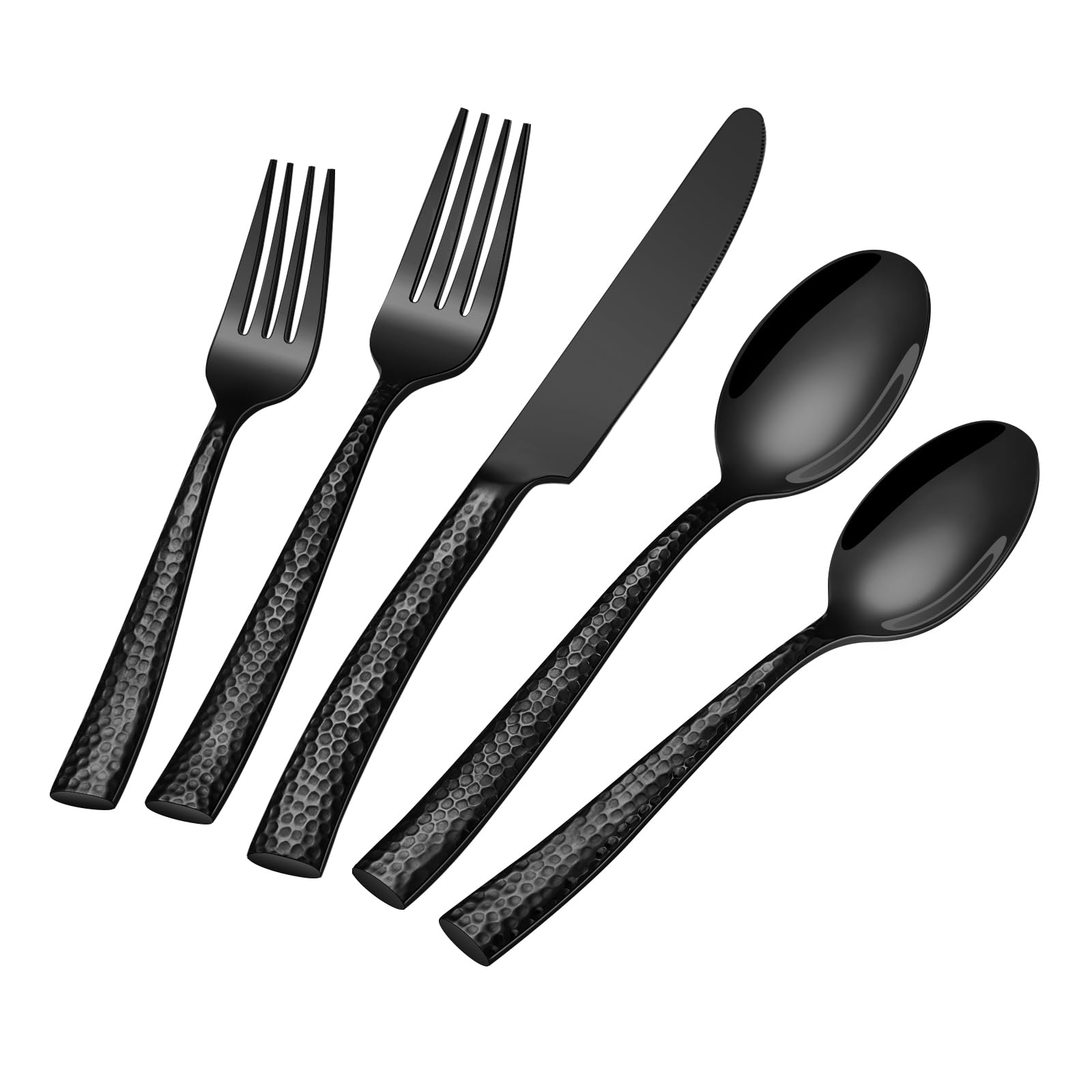 40-Piece Black Hammered Stainless Steel Flatware Set for 8 - Heavy Duty Food-Grade Silverware Cutlery - Mirror Finish Utensil Set for Home, Restaurant & Dinner Parties - Durable Tableware for Everyday Use & Special Occasions
